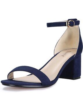Women's Blue Suede Low Cookielo Block Chunky Ankle Strap Dress Heeled Sandals